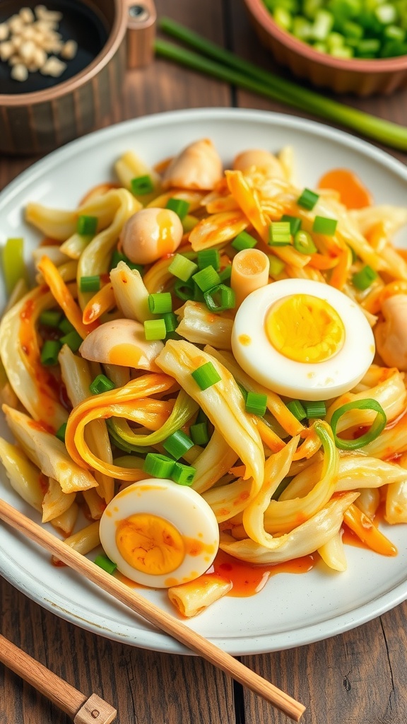 Cabbage and egg stir-fry on a plate, garnished with green onions, against a rustic wooden backdrop.